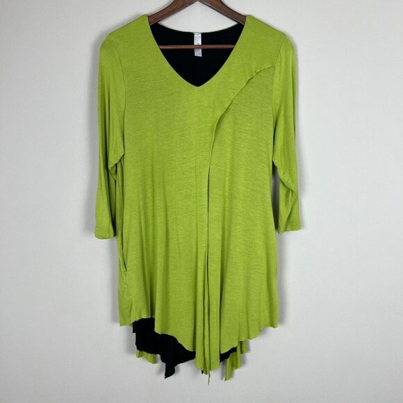 Aria Handmade Norma Tunic Top Womens Large Green Black Layered 3/4 Sleeve V-Neck - Picture 1 of 10
